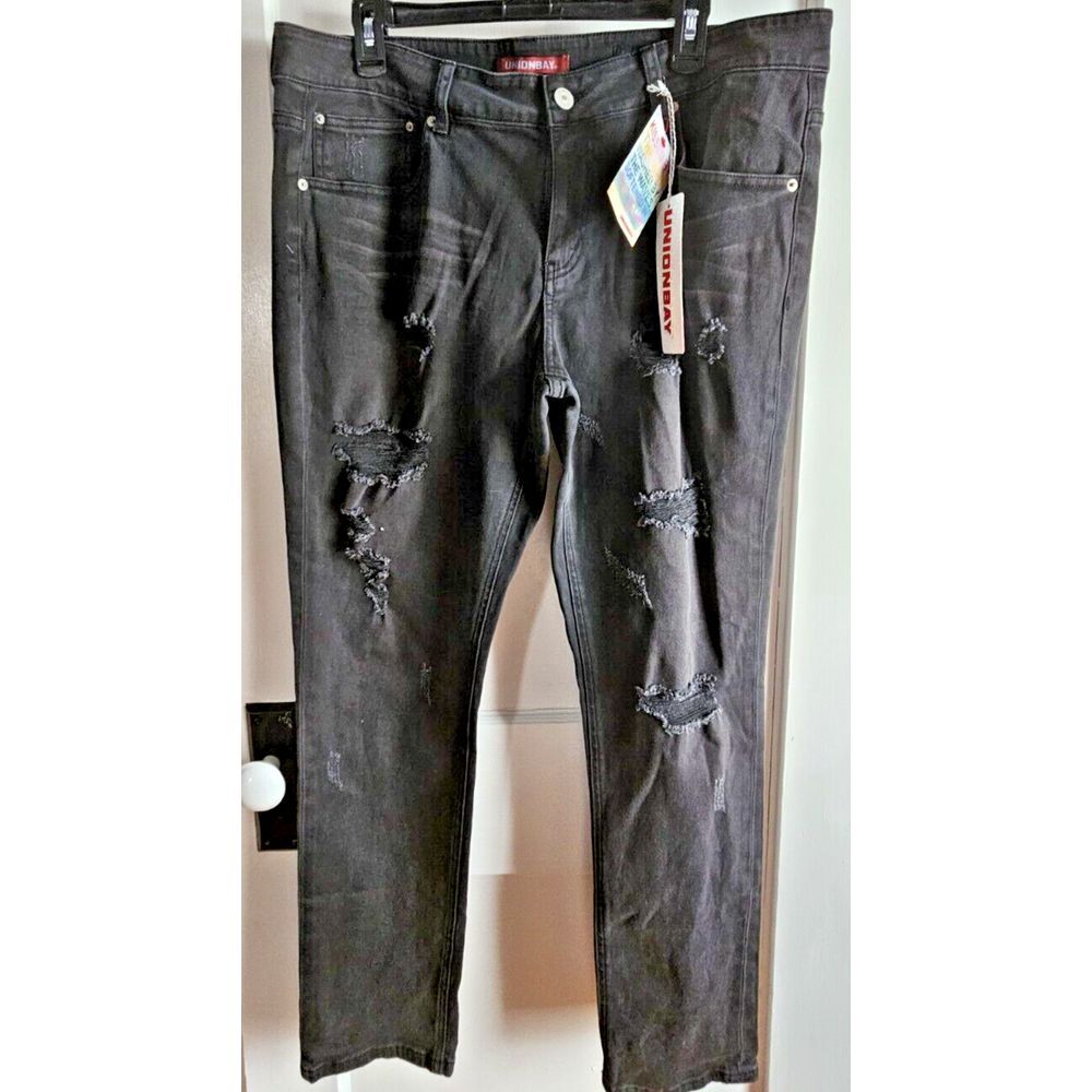 NWT UNIONBAY Mid Rise‎ Vintage Peg black denim distressed pants woman Sz 15